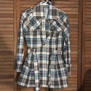 Tan and blue pea coat